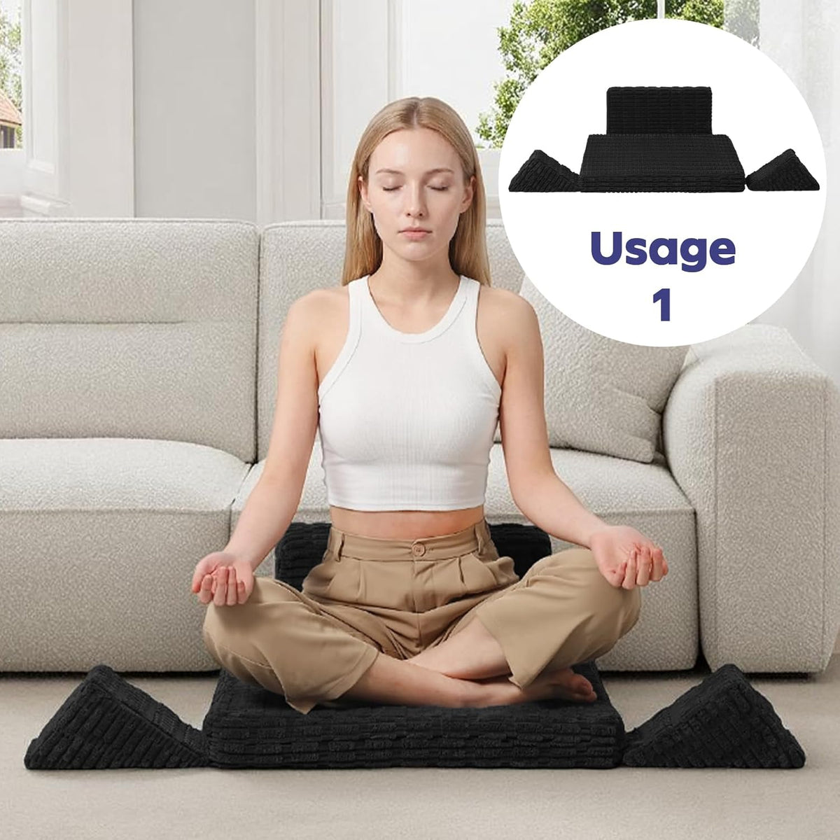 Meditation Cushion, Meditation Mat with Knee Support, Dark Grey | Large Washable Meditation Pillow for Sitting on Floor, Yoga Pillow with 2 Knee Cushions for Comfortable Sitting, 24x24in
