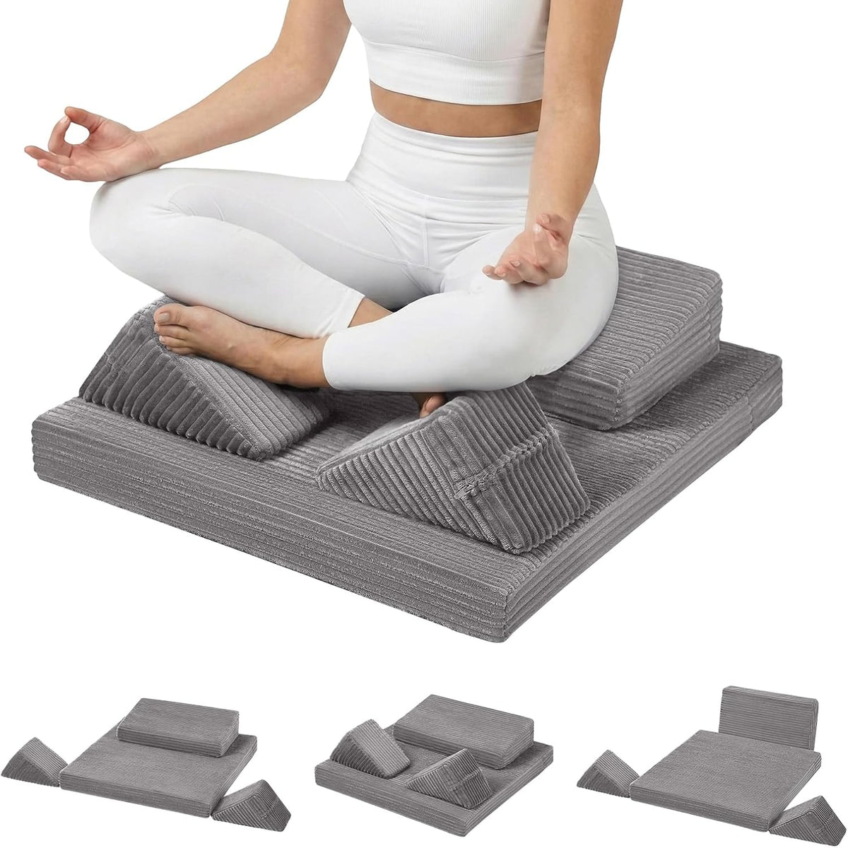 Meditation Cushion, Meditation Mat with Knee Support, Dark Grey | Large Washable Meditation Pillow for Sitting on Floor, Yoga Pillow with 2 Knee Cushions for Comfortable Sitting, 24x24in