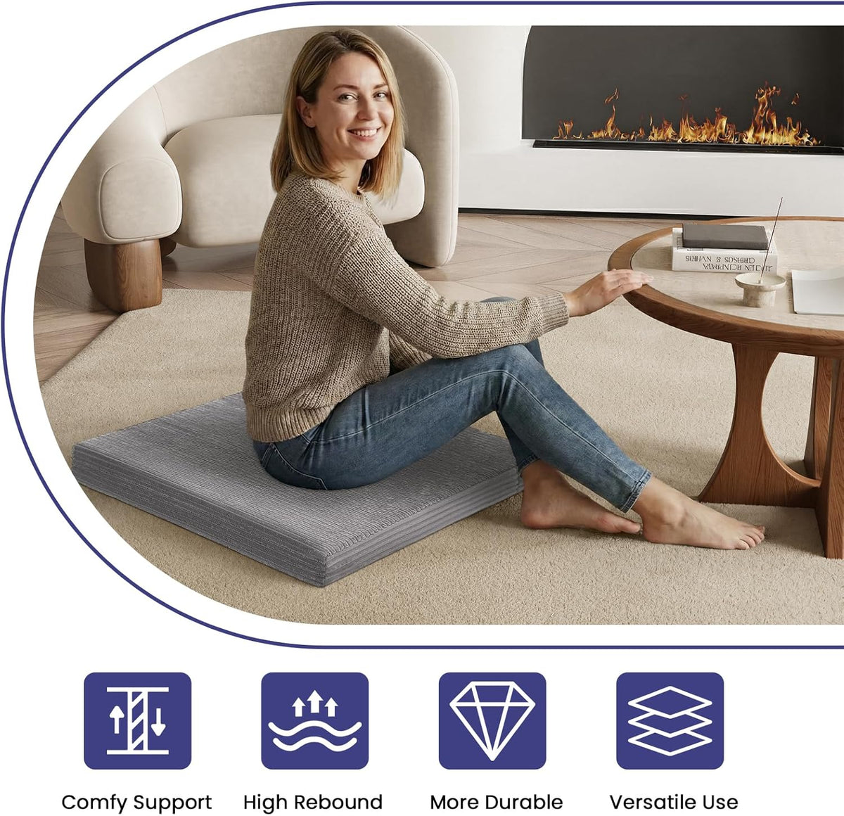 Meditation Cushion, Meditation Mat with Knee Support, Dark Grey | Large Washable Meditation Pillow for Sitting on Floor, Yoga Pillow with 2 Knee Cushions for Comfortable Sitting, 24x24in