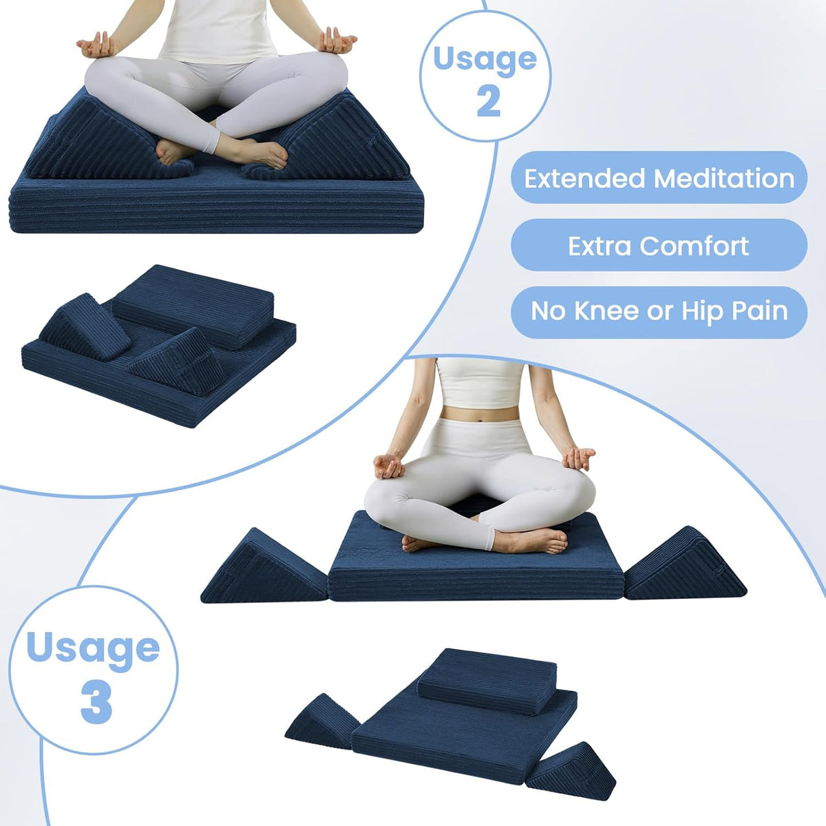 Meditation Cushion, Meditation Mat with Knee Support, Dark Grey | Large Washable Meditation Pillow for Sitting on Floor, Yoga Pillow with 2 Knee Cushions for Comfortable Sitting, 24x24in