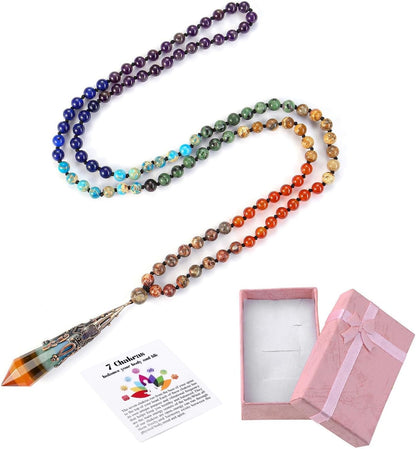 Natural 7 Chakra 108 Mala Prayer Beads Necklace with Reiki Healing Crystal Pointed Pendant 6mm Gemstones Beads Necklace Mens Womens Jewelry for Meditation, Protection
