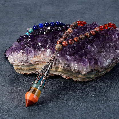 Natural 7 Chakra 108 Mala Prayer Beads Necklace with Reiki Healing Crystal Pointed Pendant 6mm Gemstones Beads Necklace Mens Womens Jewelry for Meditation, Protection
