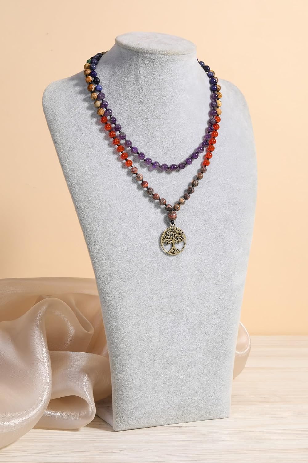 Natural 7 Chakra 108 Mala Prayer Beads Necklace with Reiki Healing Crystal Pointed Pendant 6mm Gemstones Beads Necklace Mens Womens Jewelry for Meditation, Protection