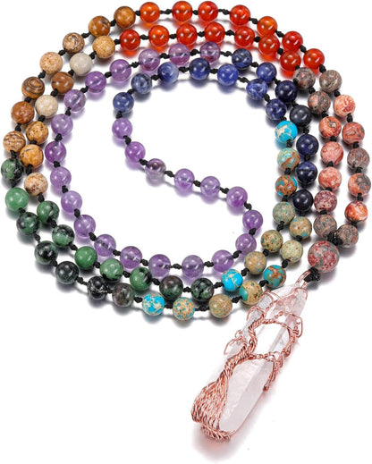 Natural 7 Chakra 108 Mala Prayer Beads Necklace with Reiki Healing Crystal Pointed Pendant 6mm Gemstones Beads Necklace Mens Womens Jewelry for Meditation, Protection
