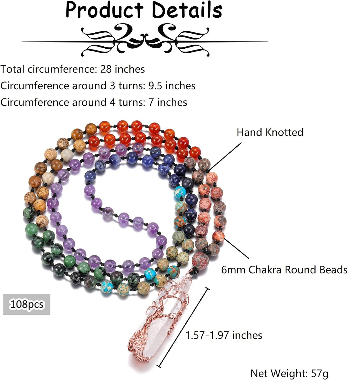 Natural 7 Chakra 108 Mala Prayer Beads Necklace with Reiki Healing Crystal Pointed Pendant 6mm Gemstones Beads Necklace Mens Womens Jewelry for Meditation, Protection