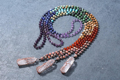 Natural 7 Chakra 108 Mala Prayer Beads Necklace with Reiki Healing Crystal Pointed Pendant 6mm Gemstones Beads Necklace Mens Womens Jewelry for Meditation, Protection