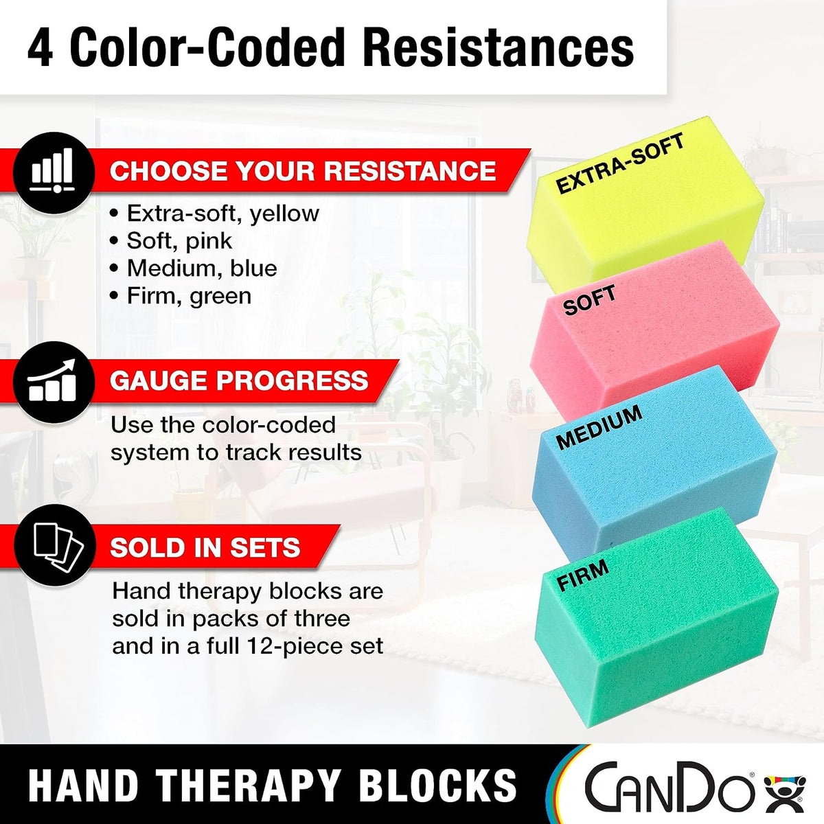 Hand Therapy Blocks - Extra-Soft Through Firm), Pack of 12 - Grip Strengthening Foam Hand Exercise Tools for Physical Therapy, Arthritis, Carpal Tunnel, Stress Relief, Anxiety