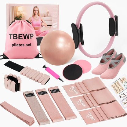 Home Pilates Kit for Women and Beginners, Pilates Ring and Ball Set with Resistance Bands, Wrist and Ankle Weights, Stretch Strap and Core Sliders and More for Full Body Toning