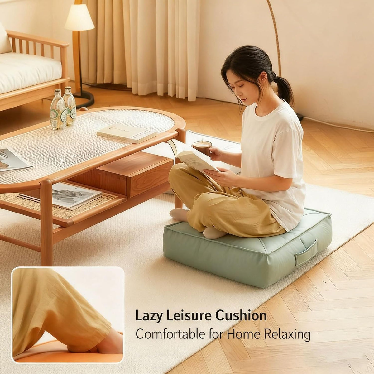 Premium Extra Thick Floor Cushion Luxe Faux Leather Support for Meditation, Yoga Lounging in Living Room, Bedroom(Green,40 * 40 * 15)