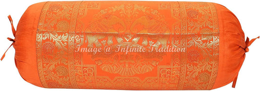 Indian Silk Bolster Tube Pillow Cover Cylindrical Orange Yoga Large Couch Round Decorative Cushion Cover Home Decor Living Room Elephant Throw Cushion Cover 30x15 inch (76x38cm) 1 Pc.
