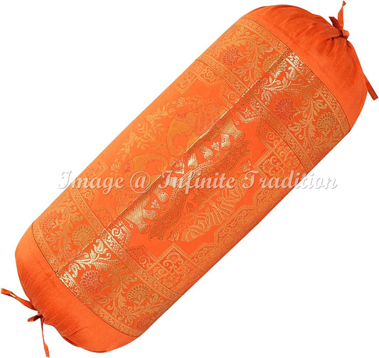 Indian Silk Bolster Tube Pillow Cover Cylindrical Orange Yoga Large Couch Round Decorative Cushion Cover Home Decor Living Room Elephant Throw Cushion Cover 30x15 inch (76x38cm) 1 Pc.