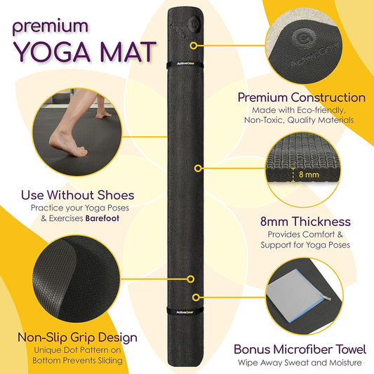 Large Yoga Mat, 6'x4'x8mm Extra Thick Non-Slip - Black