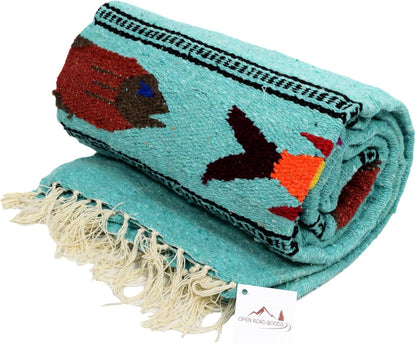 Open Road Goods Thick Mexican Yoga Blanket - Serape Fish Design - Handmade (Mint)