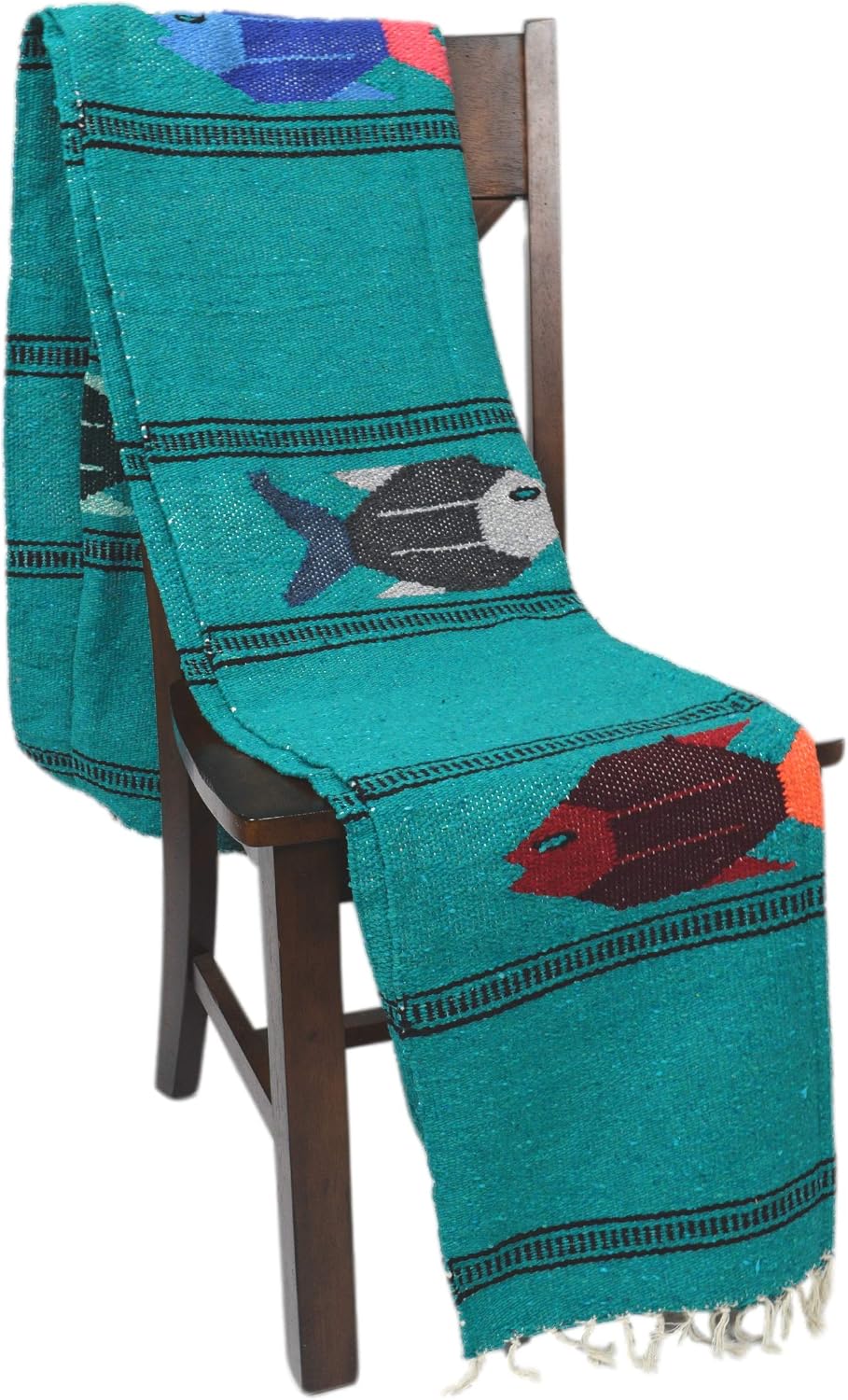 Open Road Goods Thick Mexican Yoga Blanket - Serape Fish Design - Handmade (Mint)