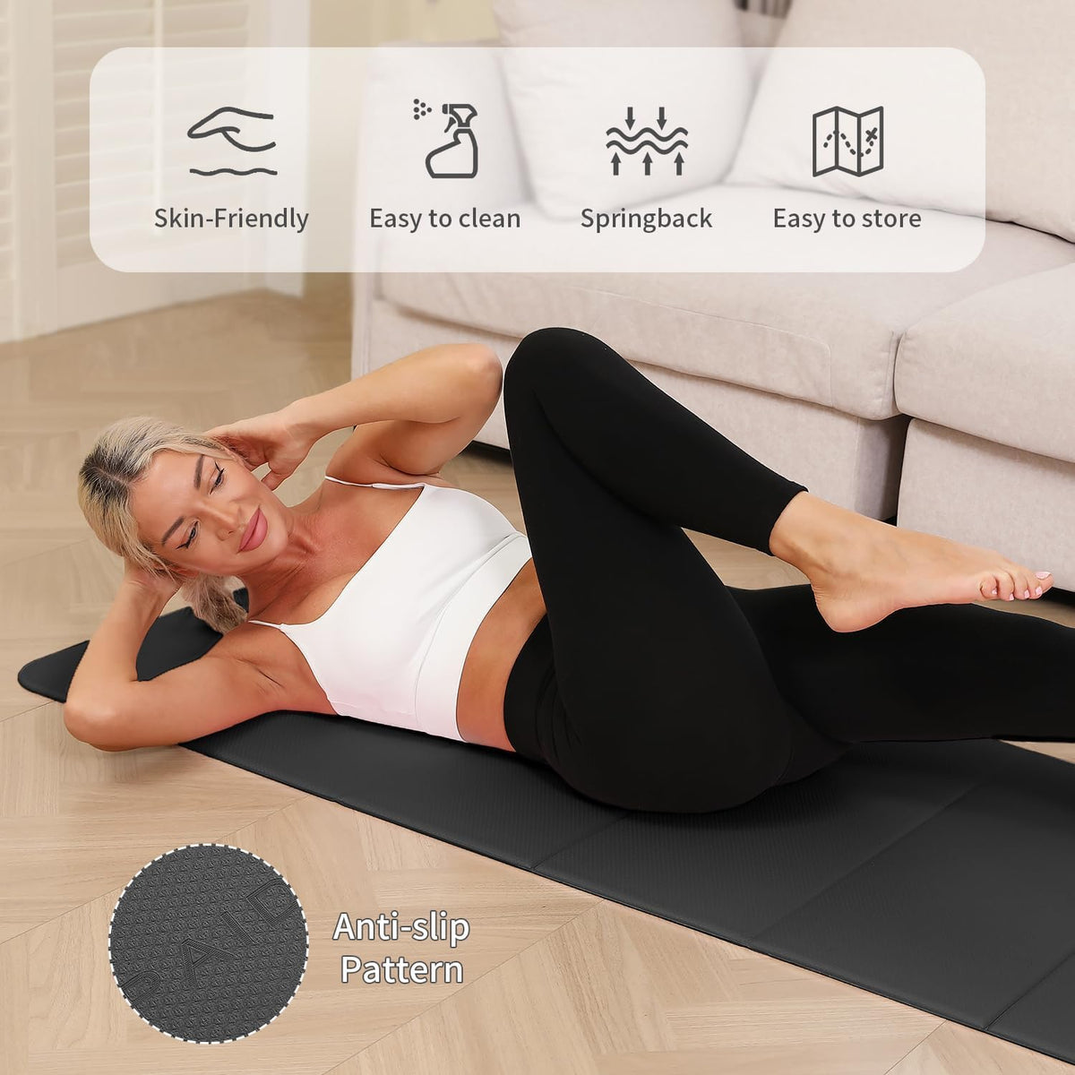 Foldable Yoga Mat - 10mm Extra Thick, 75"26" Non-Slip Exercise Fitness Mat | SGS Eco-Certified, Portable for Yoga/Pilates/Studio/Home Workout (Black)