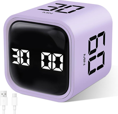 Multi-Function Cube Timer, 5/10/30/60 Min & Custom Count Down, Included Pause & Resume Feature, Silent, Vibrate & Adjustable Sound Alarm for Productivity in Tasks, Study & Kitchen, Purple