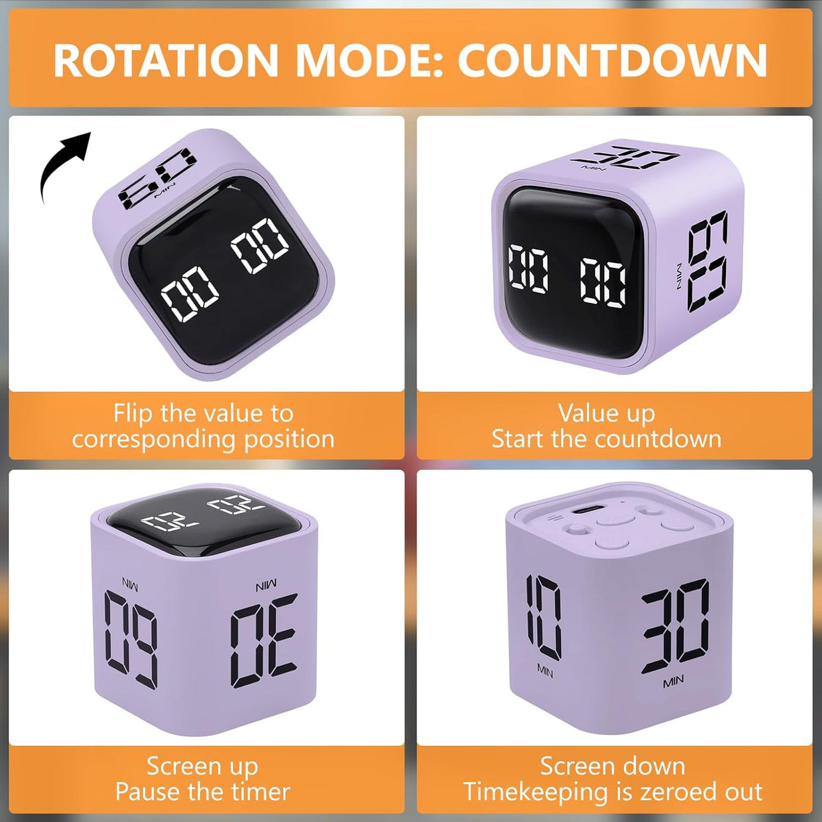 Multi-Function Cube Timer, 5/10/30/60 Min & Custom Count Down, Included Pause & Resume Feature, Silent, Vibrate & Adjustable Sound Alarm for Productivity in Tasks, Study & Kitchen, Purple