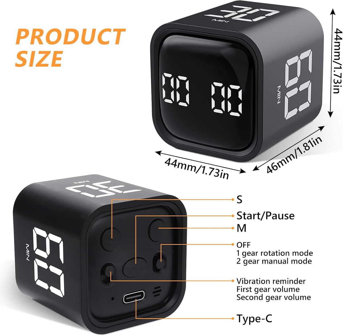 Multi-Function Cube Timer, 5/10/30/60 Min & Custom Count Down, Included Pause & Resume Feature, Silent, Vibrate & Adjustable Sound Alarm for Productivity in Tasks, Study & Kitchen, Purple