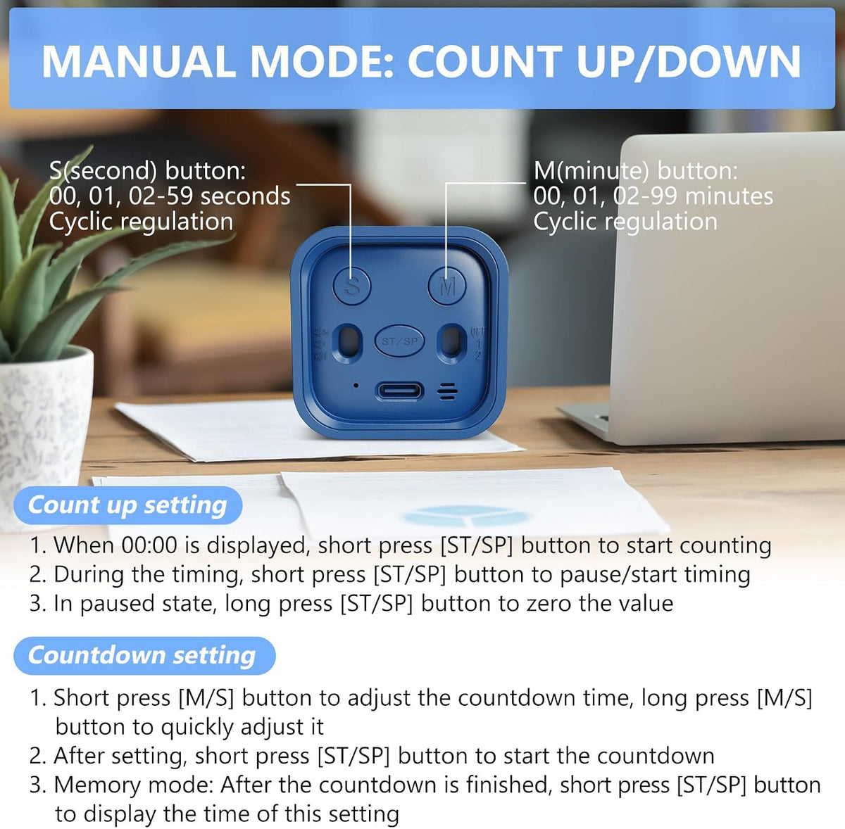 Multi-Function Cube Timer, 5/10/30/60 Min & Custom Count Down, Included Pause & Resume Feature, Silent, Vibrate & Adjustable Sound Alarm for Productivity in Tasks, Study & Kitchen, Purple