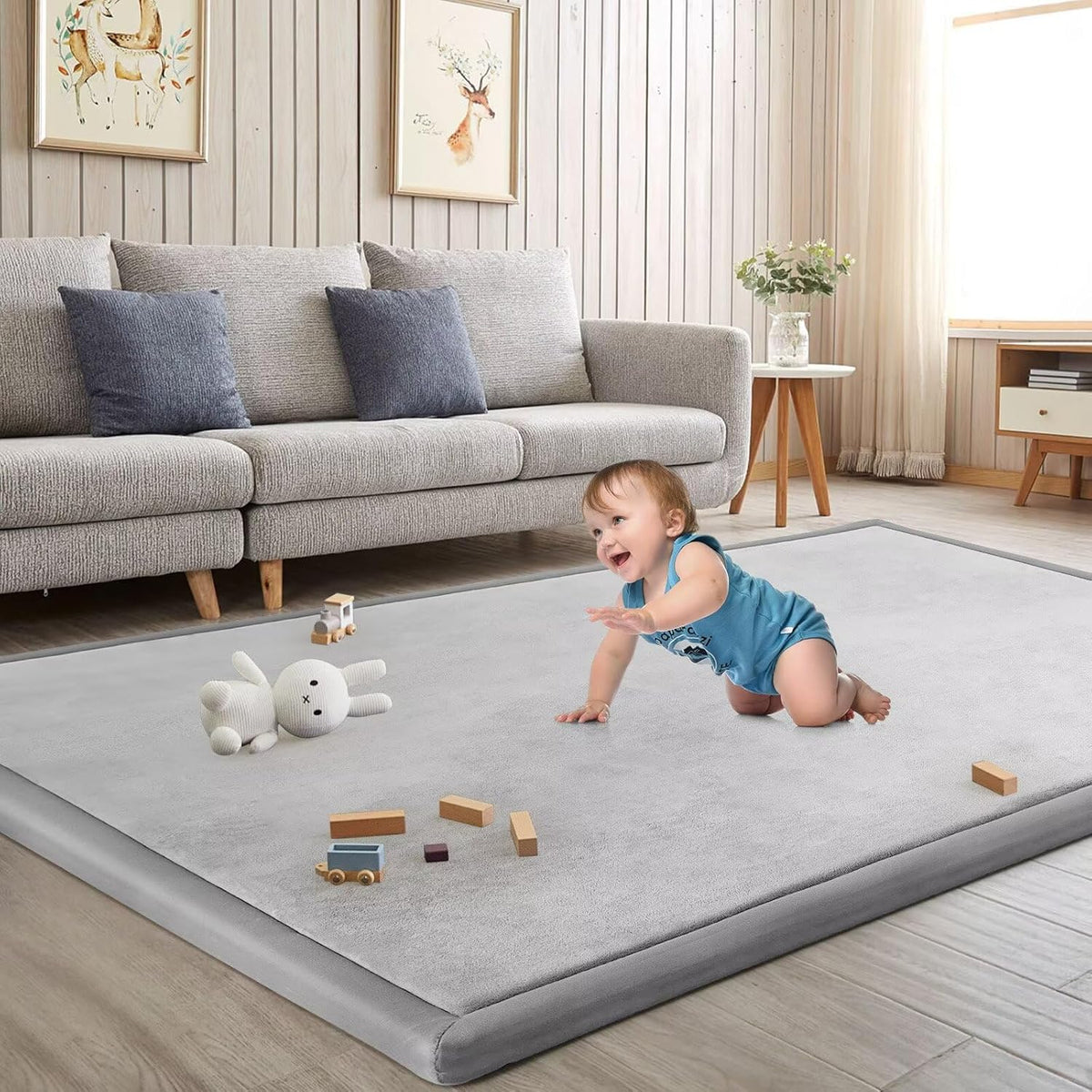 Baby Play Mat for Floor Nursery Rug Muscle Mat Area Rug Playroom Rug 50"x50" Playpen Mat Elastic Foam 1.3" Thick Crawling Mat for Babies,Toddlers, Infants, Kids,Grey