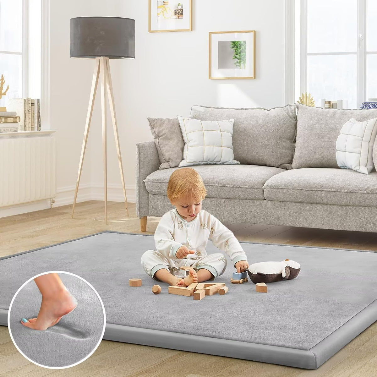 Baby Play Mat for Floor Nursery Rug Muscle Mat Area Rug Playroom Rug 50"x50" Playpen Mat Elastic Foam 1.3" Thick Crawling Mat for Babies,Toddlers, Infants, Kids,Grey