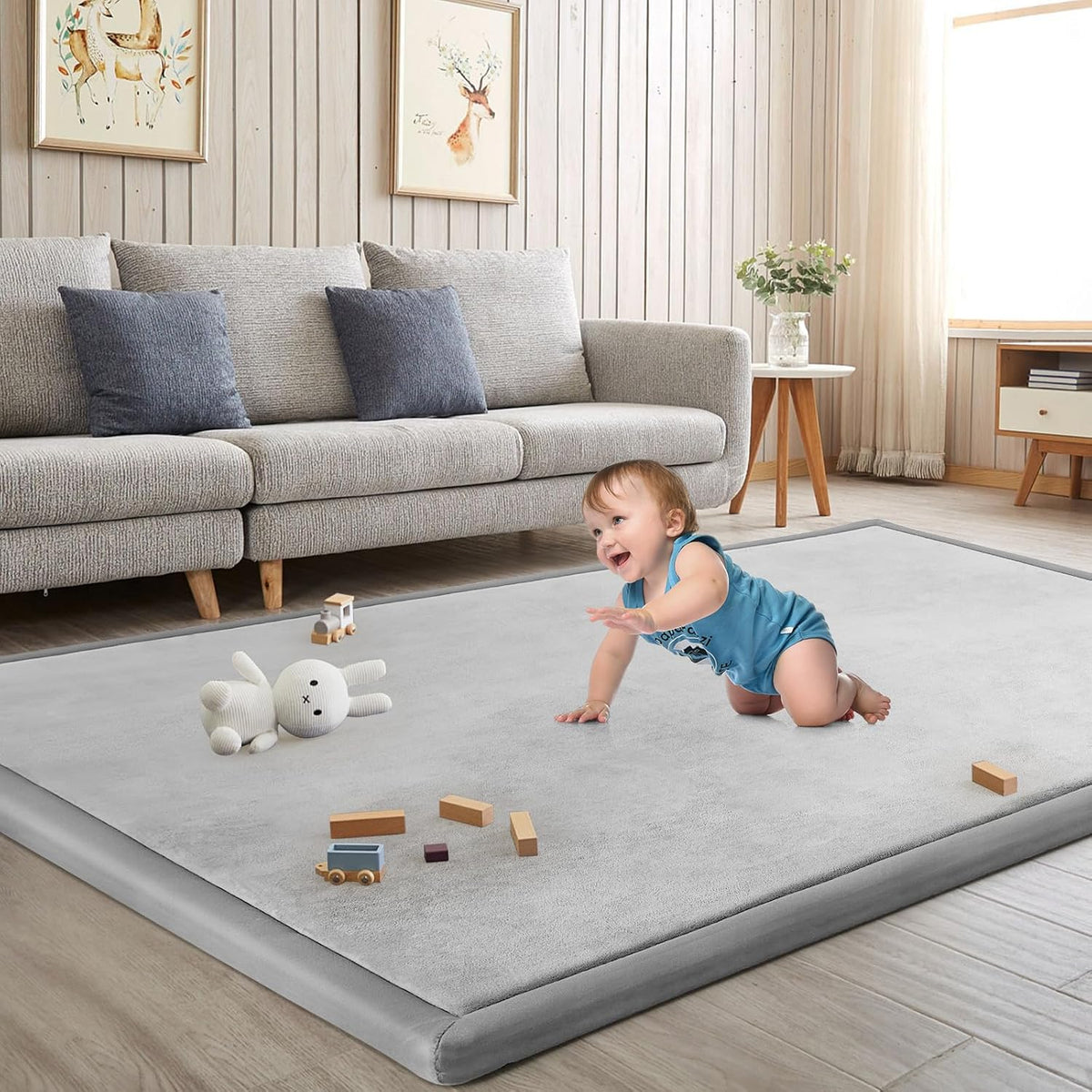 Baby Play Mat for Floor Nursery Rug Muscle Mat Area Rug Playroom Rug 50"x50" Playpen Mat Elastic Foam 1.3" Thick Crawling Mat for Babies,Toddlers, Infants, Kids,Grey