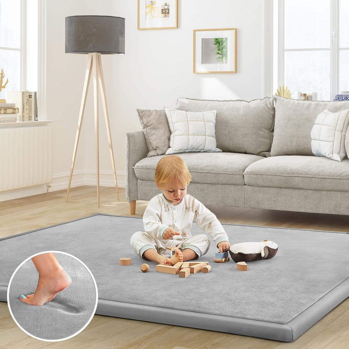 Baby Play Mat for Floor Nursery Rug Muscle Mat Area Rug Playroom Rug 50"x50" Playpen Mat Elastic Foam 1.3" Thick Crawling Mat for Babies,Toddlers, Infants, Kids,Grey