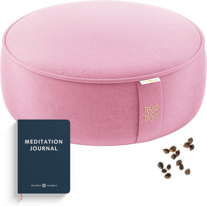 Velvet Meditation Cushion | Luxe Zafu Yoga Floor Pillow Seat | Posture Support | Buckwheat Hull Filled | Large Round Cushion with Removable Washable Cover + Carry Handle