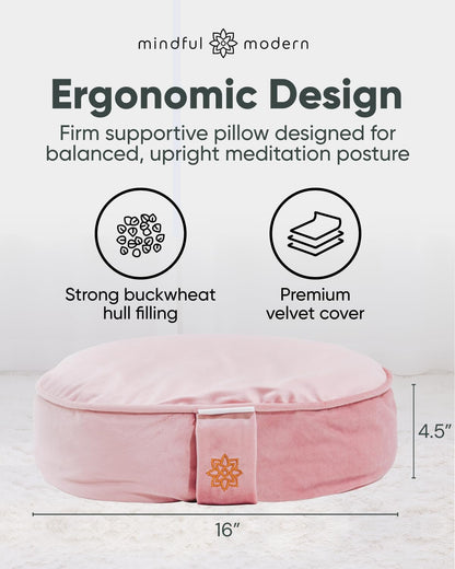 Velvet Meditation Cushion | Luxe Zafu Yoga Floor Pillow Seat | Posture Support | Buckwheat Hull Filled | Large Round Cushion with Removable Washable Cover + Carry Handle