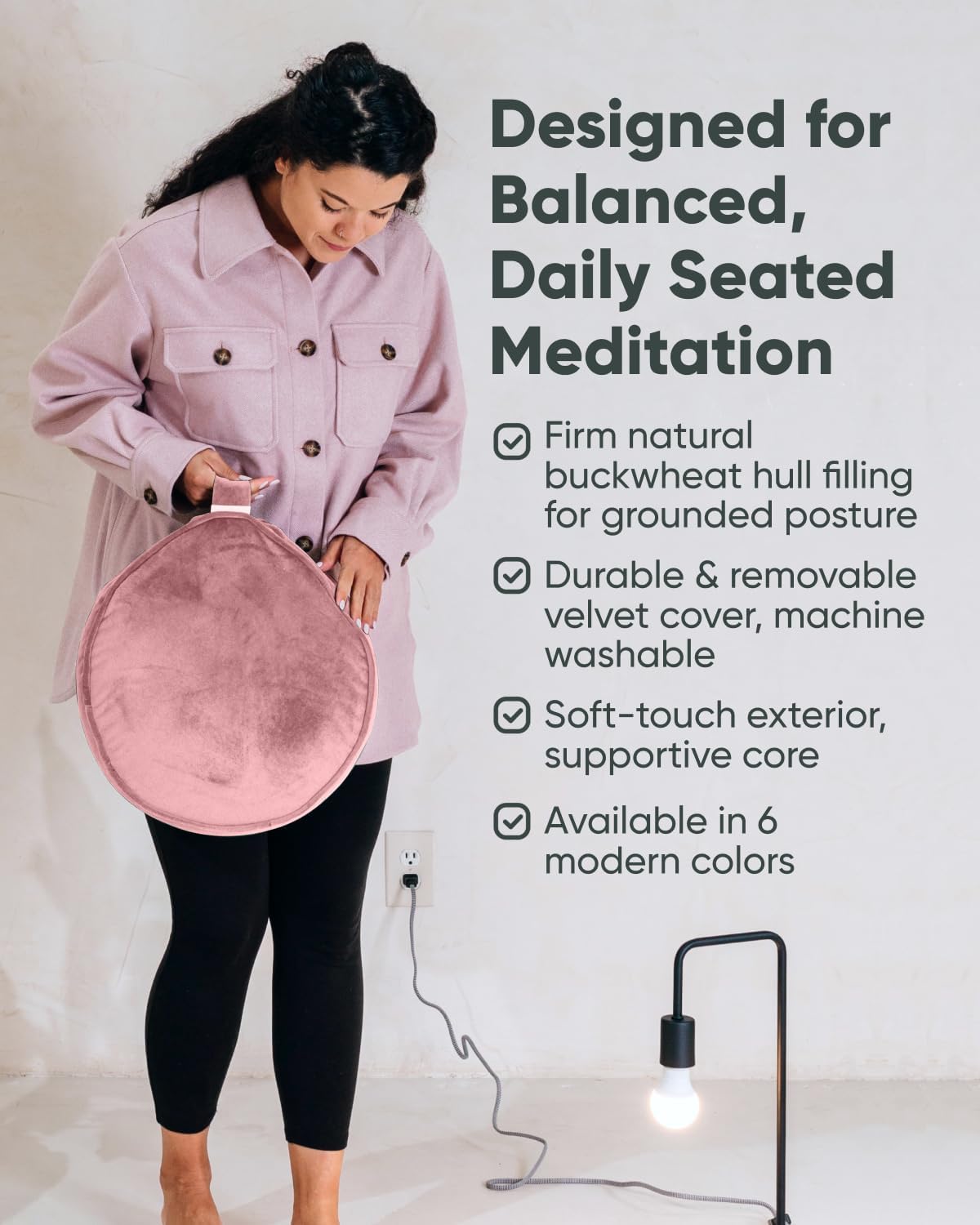 Velvet Meditation Cushion | Luxe Zafu Yoga Floor Pillow Seat | Posture Support | Buckwheat Hull Filled | Large Round Cushion with Removable Washable Cover + Carry Handle