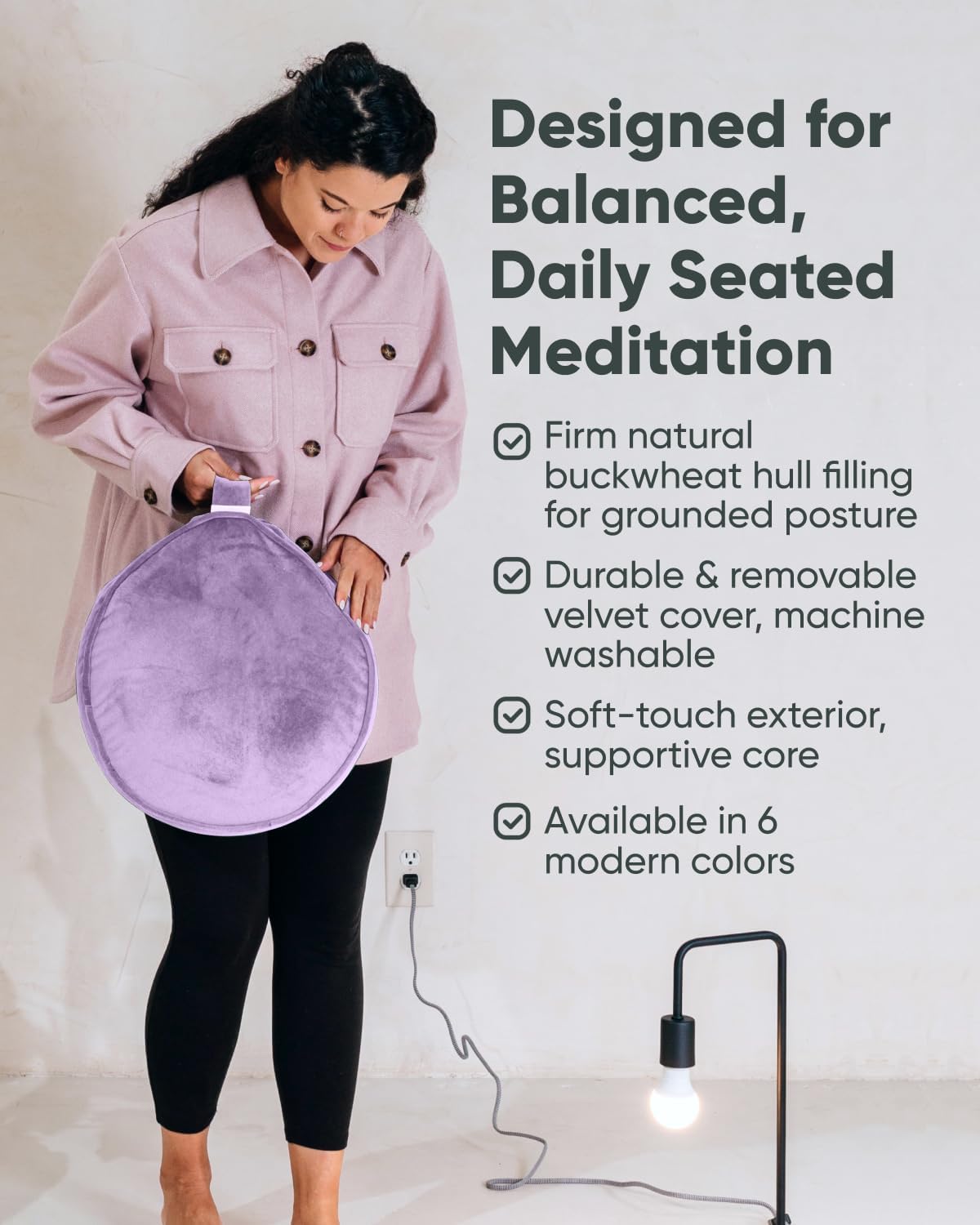 Velvet Meditation Cushion | Luxe Zafu Yoga Floor Pillow Seat | Posture Support | Buckwheat Hull Filled | Large Round Cushion with Removable Washable Cover + Carry Handle