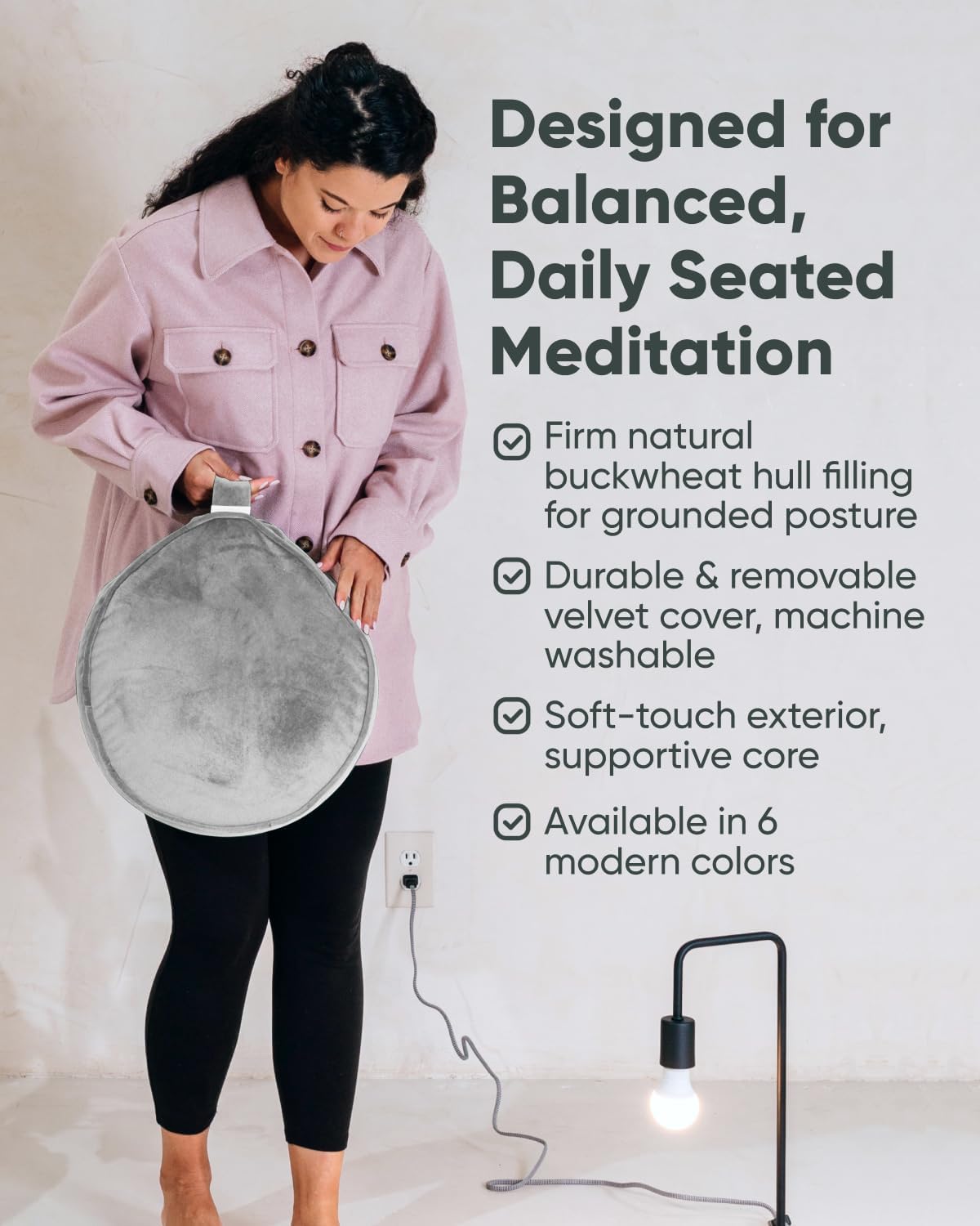 Velvet Meditation Cushion | Luxe Zafu Yoga Floor Pillow Seat | Posture Support | Buckwheat Hull Filled | Large Round Cushion with Removable Washable Cover + Carry Handle