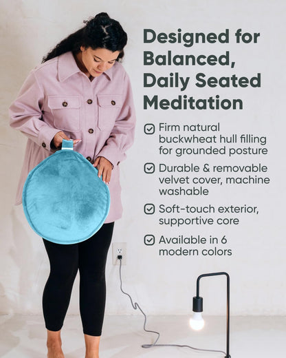 Velvet Meditation Cushion | Luxe Zafu Yoga Floor Pillow Seat | Posture Support | Buckwheat Hull Filled | Large Round Cushion with Removable Washable Cover + Carry Handle