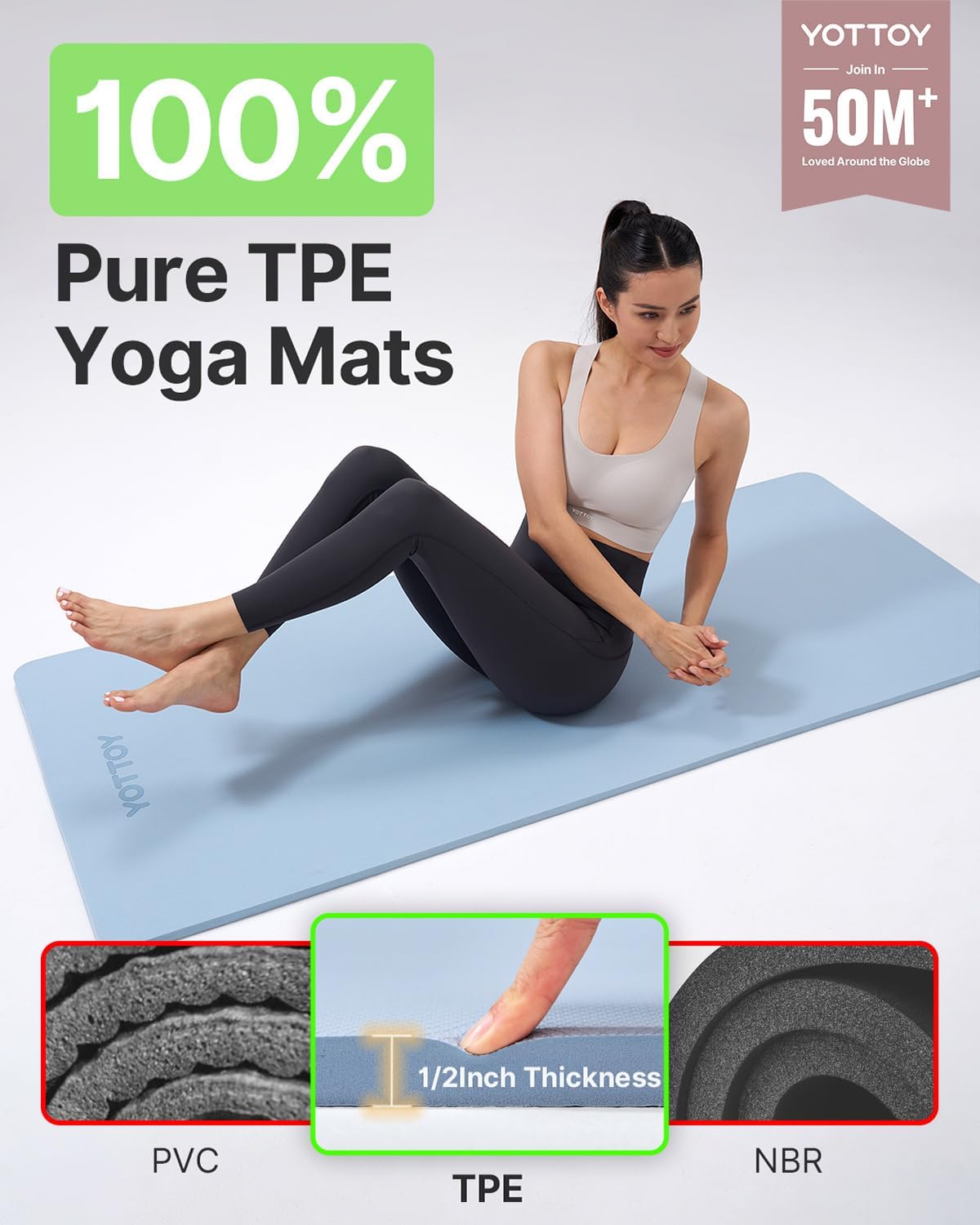 Yoga Mat，Extra Thick Yoga Mat (1/2inch),Professional TPE Exercise Mat,Non-Slip Workout Mat for Yoga, Pilates, Fitness, Barefoot Workouts, Home Gym Studio with Strap