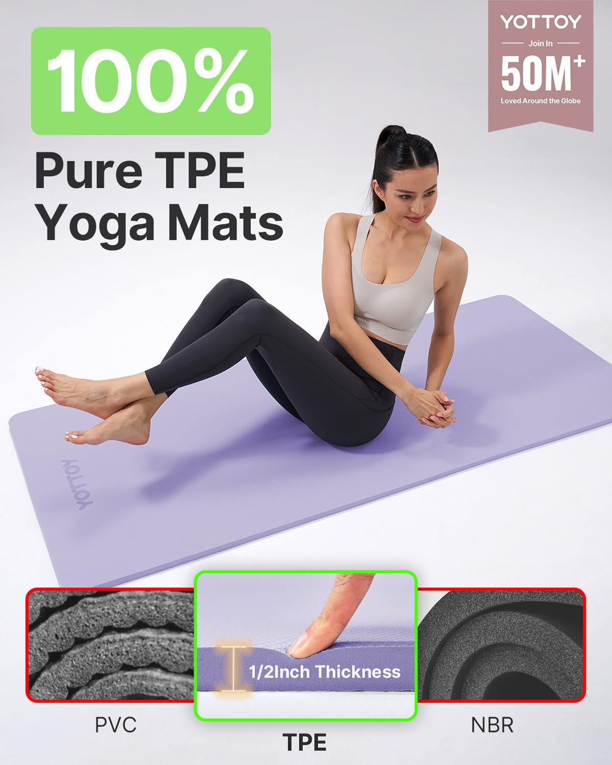 Yoga Mat，Extra Thick Yoga Mat (1/2inch),Professional TPE Exercise Mat,Non-Slip Workout Mat for Yoga, Pilates, Fitness, Barefoot Workouts, Home Gym Studio with Strap