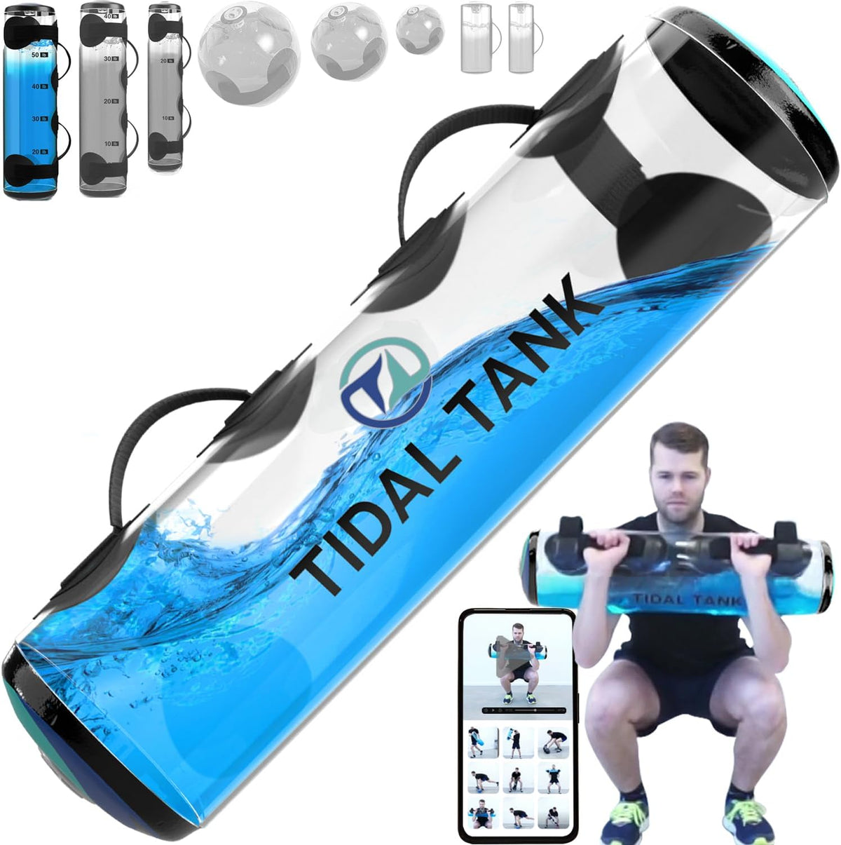 Tube - The Original Aqua Bag - Water Weight Bag up to 79 lbs - Adjustable Workout Sand Bags Weights Alternative - Portable Sandbag Fitness Equipment Set, Home Exercise Gym - Including App