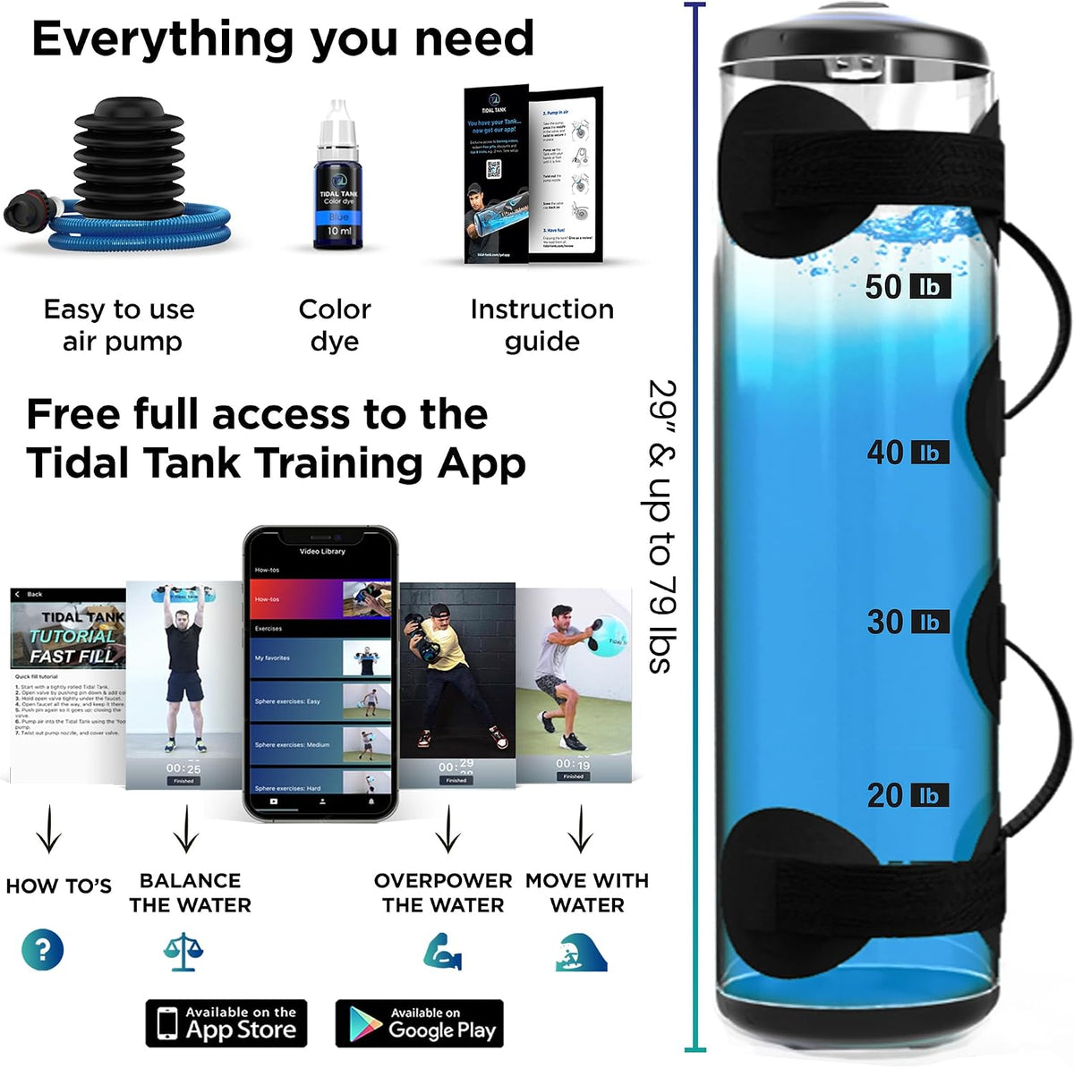 Tube - The Original Aqua Bag - Water Weight Bag up to 79 lbs - Adjustable Workout Sand Bags Weights Alternative - Portable Sandbag Fitness Equipment Set, Home Exercise Gym - Including App