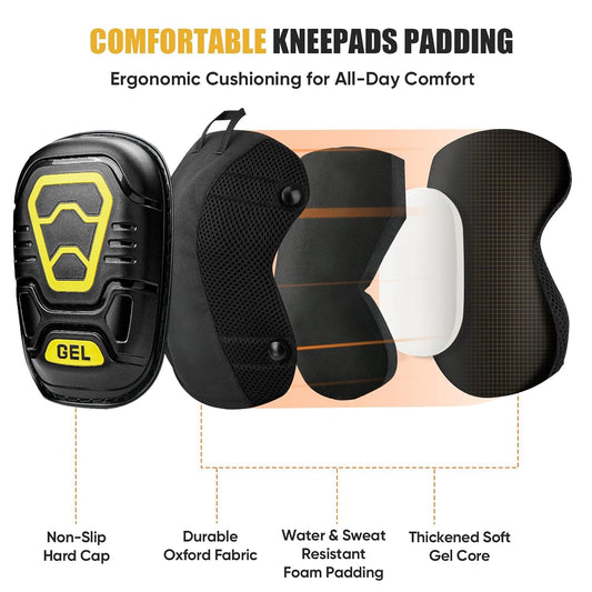 Gel Knee Pads for Work, Professional Heavy Duty Work Knee Pads for Men with Soft Foam and Gel Cushion for Men Construction, Garden, Flooring (Black/Yellow)