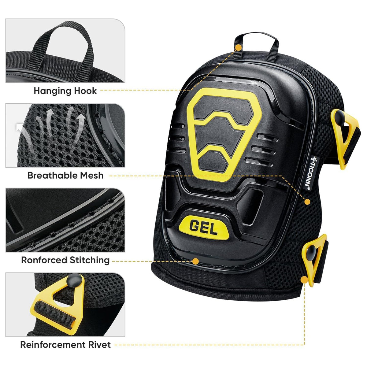 Gel Knee Pads for Work, Professional Heavy Duty Work Knee Pads for Men with Soft Foam and Gel Cushion for Men Construction, Garden, Flooring (Black/Yellow)