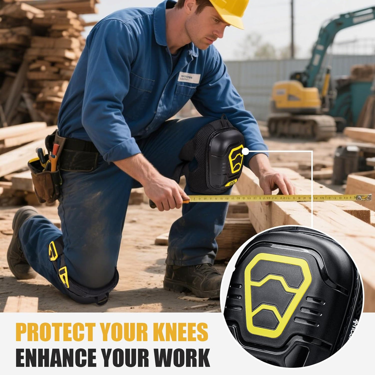 Gel Knee Pads for Work, Professional Heavy Duty Work Knee Pads for Men with Soft Foam and Gel Cushion for Men Construction, Garden, Flooring (Black/Yellow)