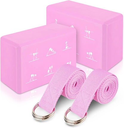 2 Pack Yoga Blocks and 2 Yoga Straps Set, Soft Non-Slip Yoga Block for Pilates, High Density EVA Foam Yoga Brick with Yoga Strap for General Fitness, Stretching, Improve Strength and Flexibility