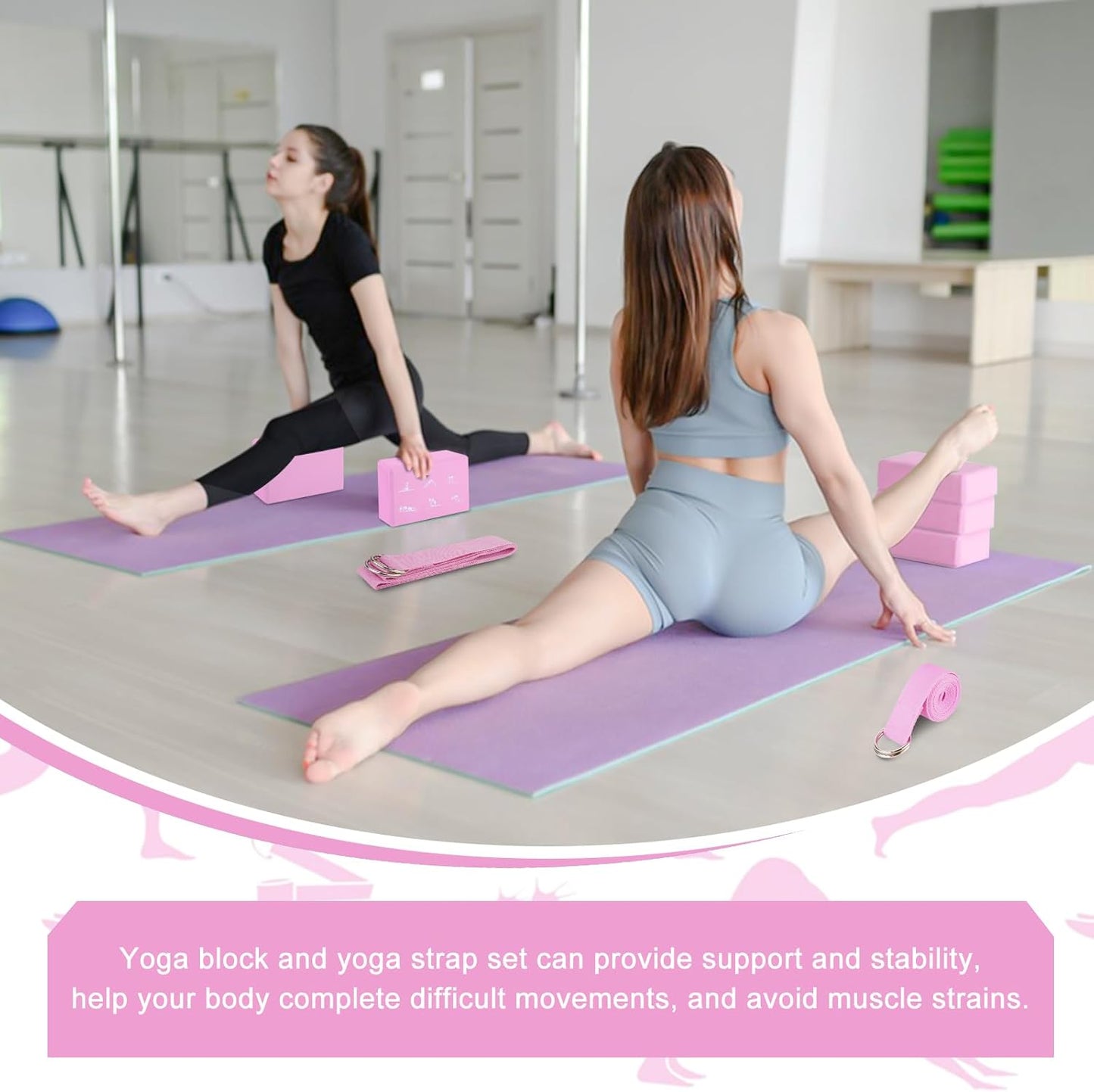 2 Pack Yoga Blocks and 2 Yoga Straps Set, Soft Non-Slip Yoga Block for Pilates, High Density EVA Foam Yoga Brick with Yoga Strap for General Fitness, Stretching, Improve Strength and Flexibility