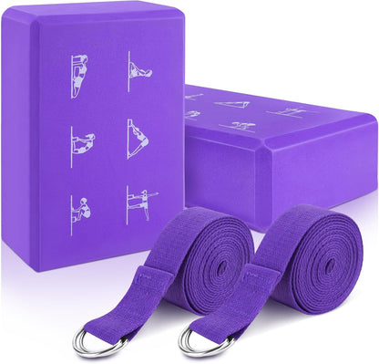 2 Pack Yoga Blocks and 2 Yoga Straps Set, Soft Non-Slip Yoga Block for Pilates, High Density EVA Foam Yoga Brick with Yoga Strap for General Fitness, Stretching, Improve Strength and Flexibility