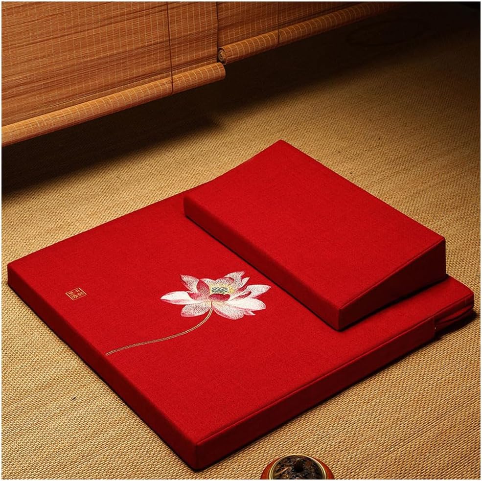 Square Meditation Cushion Mat Set with Washable Cotton Linen Cover and Embroidered Lotus, Larger Yoga Mat Bolster Floor Pillows Seating for Adults Meditation Accesso red-60cm