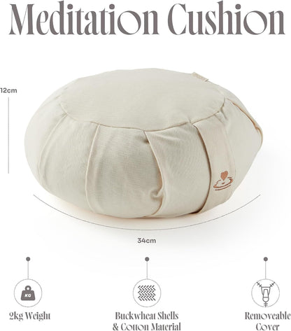 Zafu Yoga Meditation Cushion with Washable Cover - Floor Cushion Pillow with Natural Buckwheat Filling - Soft Round Cotton Design for Meditating or Pranayama Exercises
