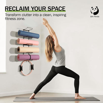 Slim Panda Yoga Mat Holder Wall Mount With Mesh Bag,Yoga Accessories Storage Rack,Home Gym Organizer with 5-Tier & 3 Hooks for Hanging Yoga Mats, Foam Roller, Resistance Bands, Space Saver