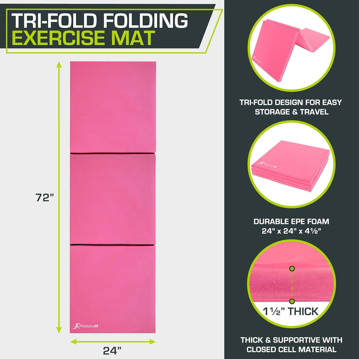 ProsourceFit Tri-Fold Folding Thick Exercise Mat 6’x2’ with Carrying Handles for MMA, Gymnastics, Stretching, Core Workouts