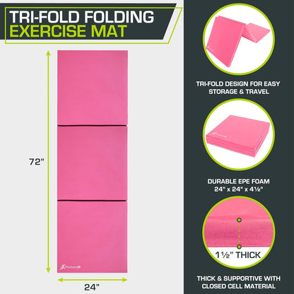 ProsourceFit Tri-Fold Folding Thick Exercise Mat 6’x2’ with Carrying Handles for MMA, Gymnastics, Stretching, Core Workouts