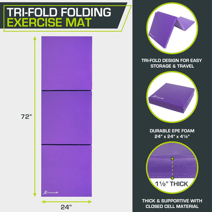 ProsourceFit Tri-Fold Folding Thick Exercise Mat 6’x2’ with Carrying Handles for MMA, Gymnastics, Stretching, Core Workouts