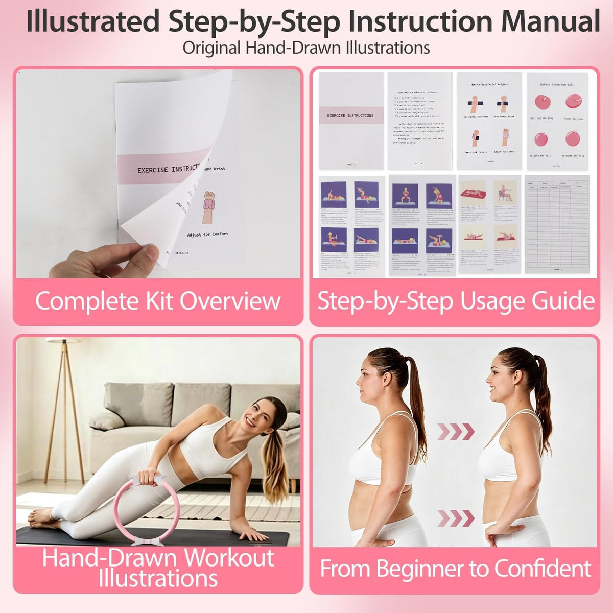 16 PCS Pink Pilates Ring and Ball Set for Women with 15" Magic Circle, Home Pilates Equipment Kit with Adjustable 1LB Ankle Wrist Weight, Resistance Band, Gliding Discs, Pilates Essentials Accessories